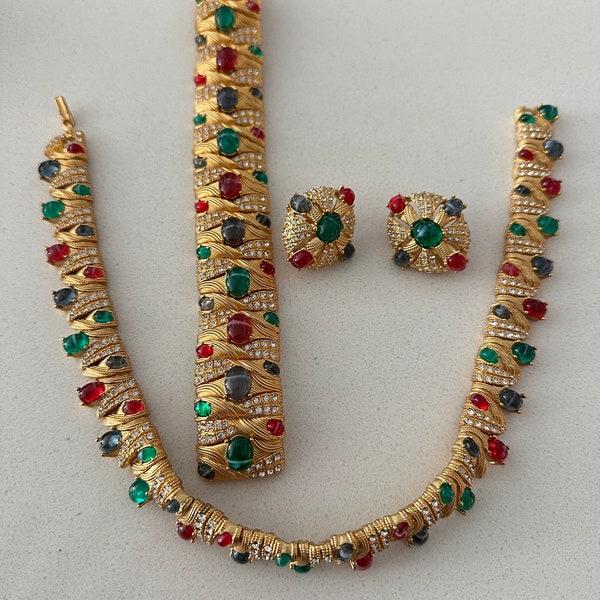 Ciner signierte Vintage Cabochon Jewels of India Halskette Armband Ohrringe Set MINT