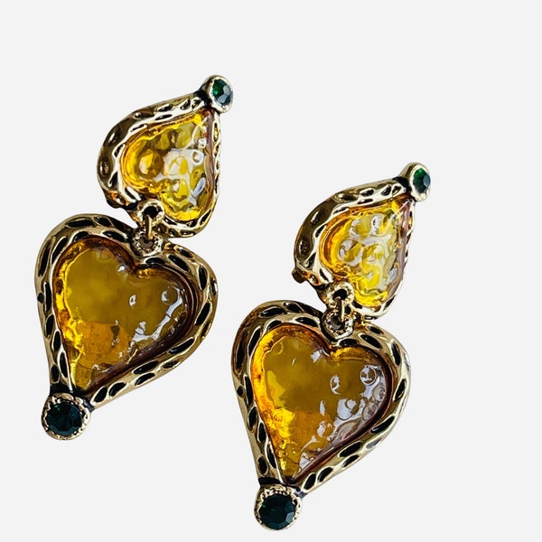 Christian Lacroix Paris signed poured citrine glass heart shape cabochon chandelier clip earrings