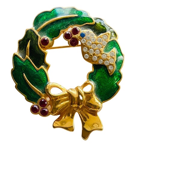 VTG Monet signed Christmas bow green enameled rhi… - image 2