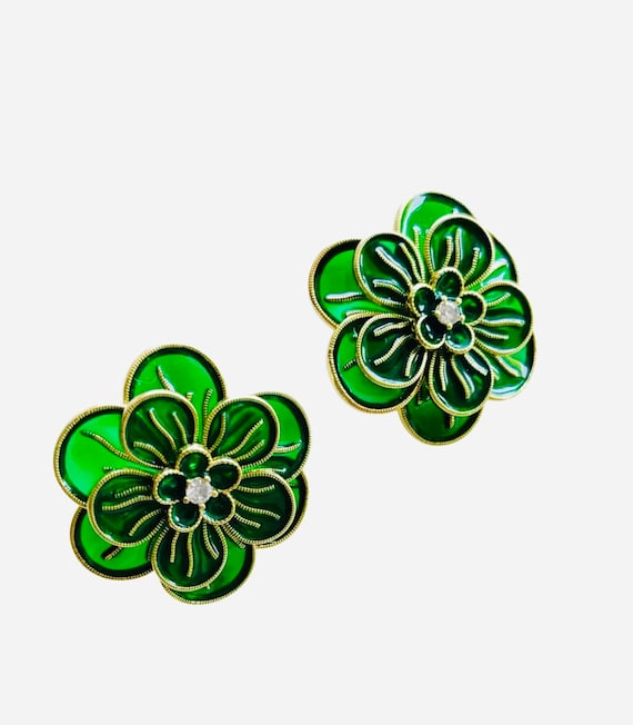 Green Poured Lucite Enameled Flower Crystal Stud P