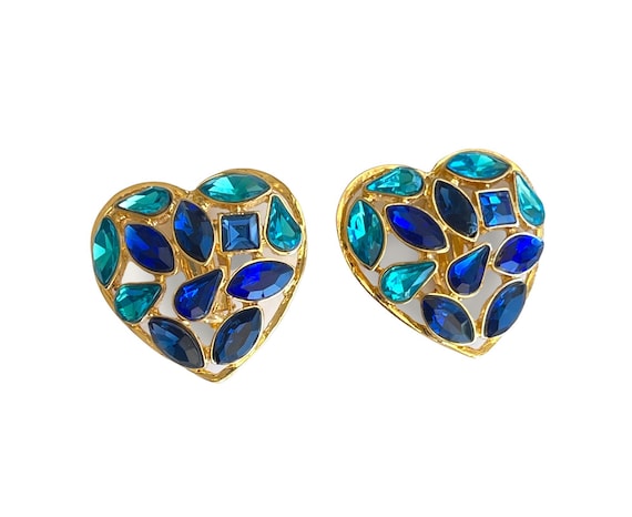 Yosca signed blue cabochon Marquis heart clip stu… - image 1