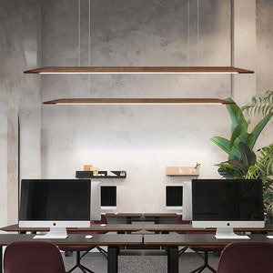 Edged minimalist linear wooden pendant LED light, chandelier, office light, dining light Home & Living Decor, Modern Lighting image 1