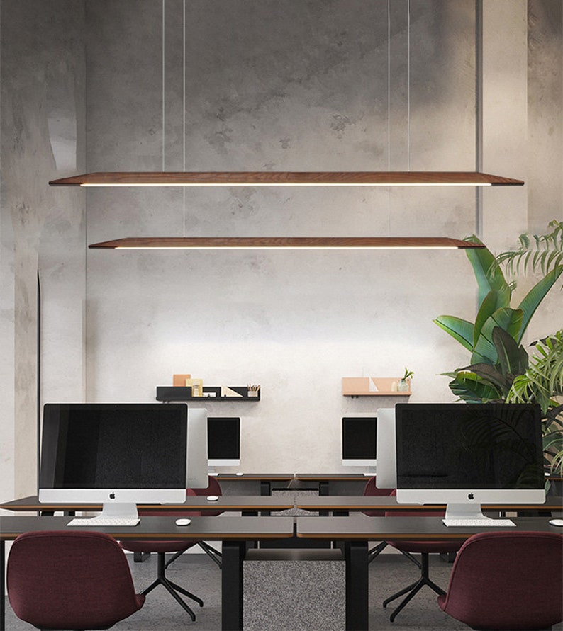 Edged minimalist linear wooden pendant LED light, chandelier, office light, dining light Home & Living Decor, Modern Lighting image 1