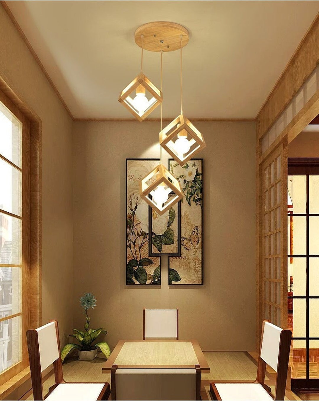 代引き手数料無料 Wooden Squared Japanese Style Pendant Light Home & Living シーリングライト・天井照明