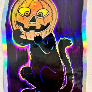 Jack O Lantern Vinyl Sticker 2.5” | Halloween Sticker Holographic Finish | Black Cat Sticker