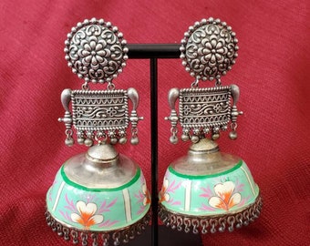 Traditional hand painted oxidized Jhumkas