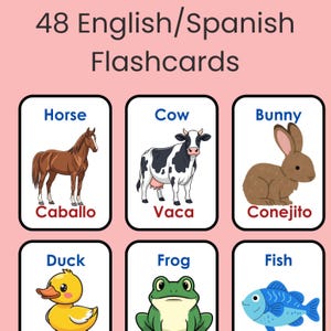 May include: Flashcards with animal illustrations. The cards feature a horse, cow, and bunny, with the English and Spanish names below each image. The top of the image reads "48 English/Spanish Flashcards".