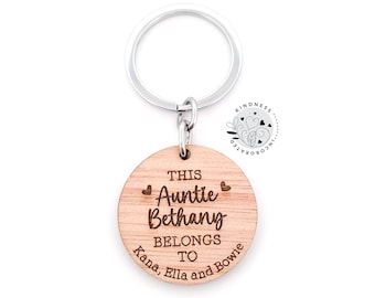 Personalized Auntie Keychain: Engraved Wood Keyring, Gift from Niece