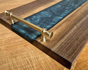 Personalized Walnut Serving Tray: Live Edge Emerald Epoxy, 18x12