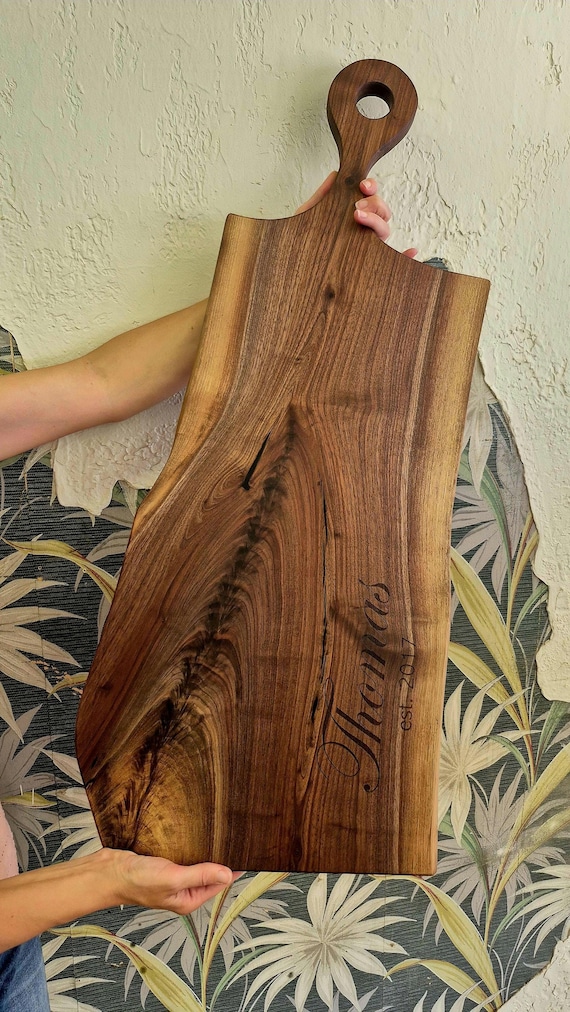 XL Handmade Personalized Live Edge Charcuterie Board/Serving Tray. Engraved Walnut and Oak Gift.