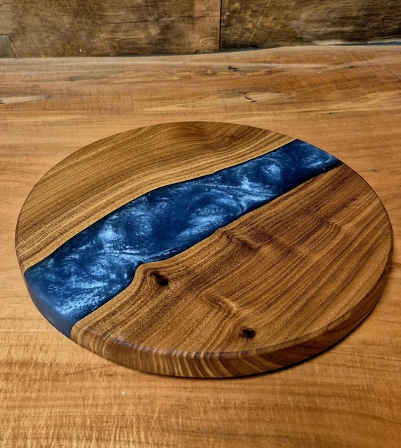 Elm Wood Lazy Susan with Blue Epoxy Inlay