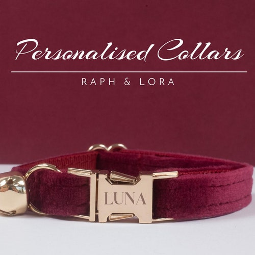 Burgundy Velvet Personalized Cat Collar With Dark Red Bow Tie Etsy