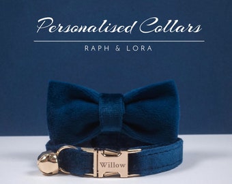 Navy Blue Velvet Personalized Cat Collar Bow with Lead,Gold Cat Collar Bell,Small Dog Collar,Engraved Kitten Name Tag For Free