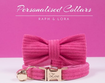 Rose Pink Corduroy Personalized Cat Collar with Bow tie Set,Engraved Kitten Name Plate,Gold Cat Bell for Small Dog, Cat Collar for Girl