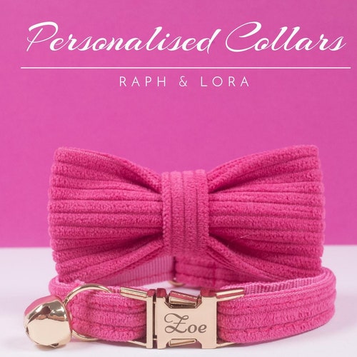 Pink Velvet Personalized Cat Collar With Bow Tie Setengraved Etsy