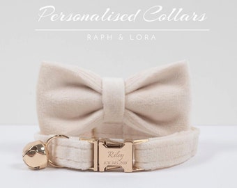 Custom White Velvet Cat Collar Bow Bell Set,Personalized Kitten Collar, Kitten Collar with Engraved Pet Name, Wedding Cat collar Bridal