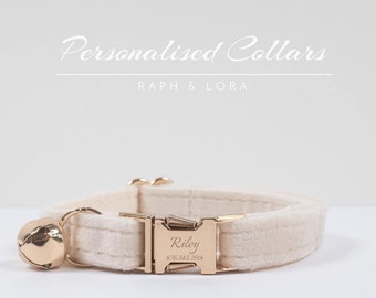 Collar de gato personalizado con pajarita, conjunto de plomo de campana de cuello de gatito de terciopelo blanco crema, collar de perros pequeños con lazo, regalo de mascota grabado