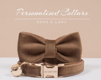 Conjunto de plomo de arco de collar de gato personalizado de terciopelo marrón, hebilla de nombre de gato personalizada con campana de collar de gato dorado, regalo de mascota grabado, envío gratuito en el Reino Unido