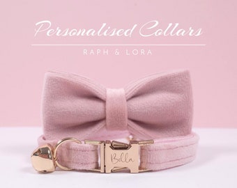 Pink Velvet Personalized Cat Collar with Bow tie Set,Engraved Kitten Collar Name Plate,Gold Cat Collar Bell for Puppy , Cat Collar for Girl