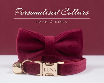 Burgundy Velvet Personalized Cat Collar with Dark Red Bow tie Set,Engraved Kitten Name Tag,Gold Bell,Small Dog Collar UK Free Shipping