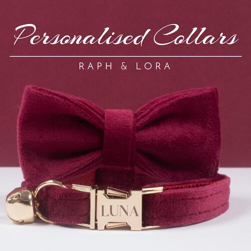 Blue Velvet Personalized Cat Collar With Bow Tie and Bell Etsy