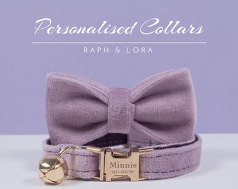 Personalized Kitten Cat Collar Bell Set with Gold Buckle, Fancy Cat Collar Lead with Bow Set for Gift, Adjustable Cat Collar in Lavender