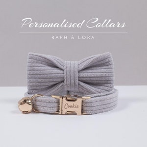 Light Gray Corduroy Cat Collar Bow Set,Custom Kitten Cat Collar Bell with Gold Hardware, Soft Cat Collar for Puppy,Luxury Cat Collar
