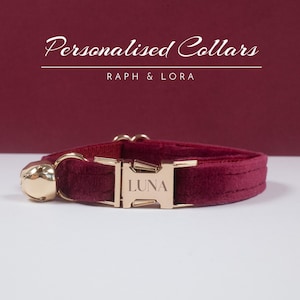 Dark Red Velvet Cat Collar Bell, Burgundy Velvet Puppy Collar BowTie Set, Kitten Collar with Gold Bell,Personalized Cat Collar as Gift