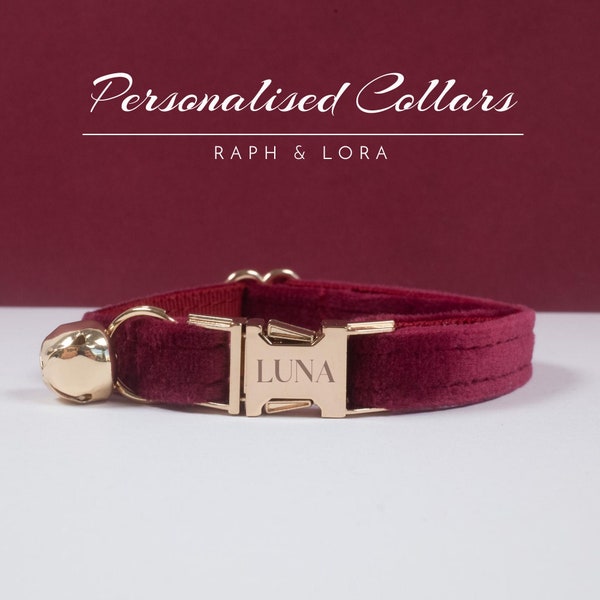 Dark Red Velvet Cat Collar Bell, Burgundy Velvet Puppy Collar BowTie Set, Kitten Collar with Gold Bell,Personalized Cat Collar as Gift