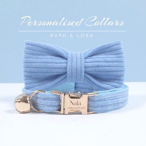 Custom Cat Collar Bell Bow in Blue Corduroy/Velvet ,Personalized Kitten Collar Lead and Small Dog Collar for Pets Gift,Fancy Cat Collar