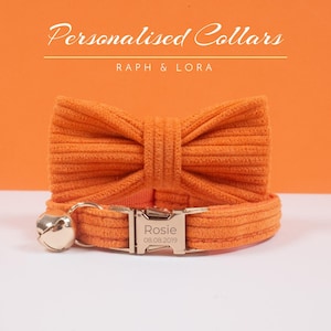 Collar de gato de pana naranja con cascabel, Collar de gato personalizado con pajarita para regalo de cumpleaños de mascota, Collar de gato personalizado de lujo ajustable