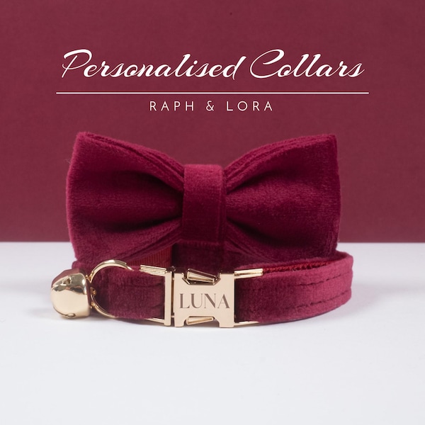 Collar de gato personalizado de terciopelo burdeos con conjunto de pajarita rojo oscuro, etiqueta de nombre de gatito grabada, campana de oro, collar de perro pequeño Reino Unido envío gratis