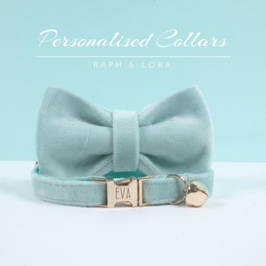 Luxury Aqua Blue Velvet Kitten Collar Bell with Gold, Soft Velvet Cat Collar Bow with Lead Set for Puppy,Small Dog Collar for Wedding Gift