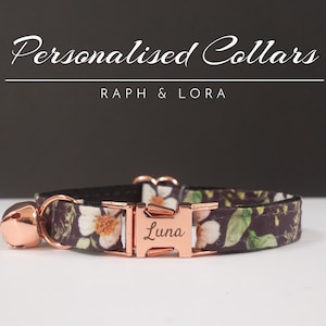 Floral Cat Collar and Bow,Girl Kitten Collar Leash Set, Designer Cat Collar Bell, Custom Kitten Collar with Name Engraved