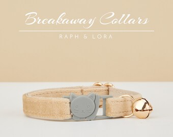 Beige Velvet Breakaway Cat Collar with Name Engraved, Quick Release Cat Collar Set, Custom Kitten Collar with Bell Bow tie