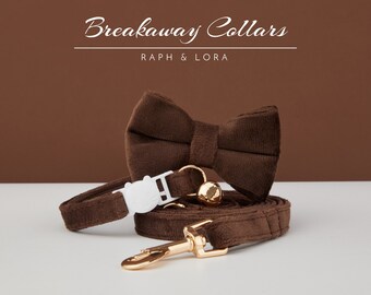 All Velvet Chocolate Breakaway Cat Collar with Name Engraved, Quick Release Cat Collar Set, Custom Kitten Collar with Bell Bow tie