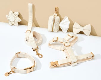 May include: A cream-colored pet accessory set featuring a collar, leash, harness, bow tie, flower, and waste bag dispenser. The set includes gold-colored metal hardware. The items are arranged on a white surface with a beige background.
