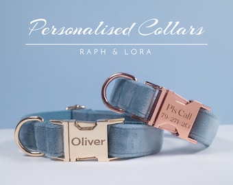 Dog Collar with Name Engraved Hardware,Thick Dusty Blue Velvet Puppy Collar Bowtie and Leash, Personalised Wedding Bridesmaid Dog Collar