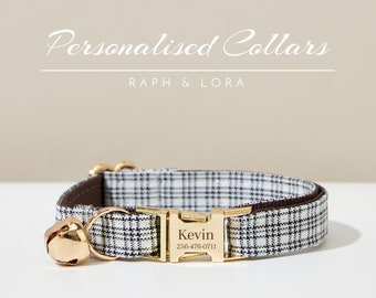 Plaid Custom Cat Collar Leash Bell, Personalised Cat Collar Bow for Cat Gift,Custom Plaid Kitten Collar with Name Engraved