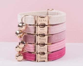 Collar de gato rosa personalizado con campana, pajarita de collar de gato personalizado para regalo de cumpleaños de mascotas, collar de gato personalizado de lujo ajustable