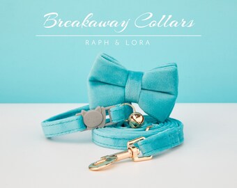 All Velvet Aqua Breakaway Cat Collar with Name Engraved, Quick Release Cat Collar Set, Custom Kitten Collar with Bell Bow tie