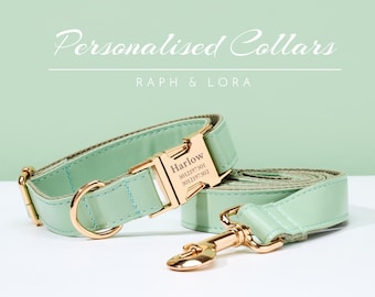 Sage Green Dog Collar Leash Set For Pet Owner,Personalized Pet Collar For Her,Engraved Puppy Collar Gift For Him,Handmade Leather Pet Collar