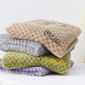 Può includere: Una pila di quattro letti per animali domestici in peluche di diversi colori. Il letto superiore è beige con il testo "♡ Pebbles" ricamato su di esso. Il secondo letto è grigio, il terzo è verde con un'ancora e il testo "Moxie" ricamato su di esso, e il letto inferiore è viola.