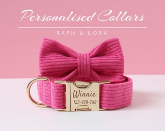 Pink Corduroy Dog Bow Tie Collar and Leash Set, Personalized Dog