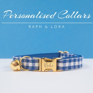 Cute Blue Gingham Personalized Cat Collar Leash Bell, Fancy Cat Collar Bow for Cat Gift,Custom Kitten Collar with Name Engraved