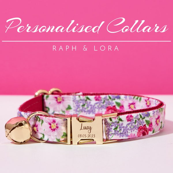 Conjunto de correa con pajarita y collar de gato personalizado, diseño floral rosa, collar de gato gatito grabado personalizado, collar de cachorro de lujo para regalo de cumpleaños