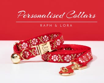 Customized Red Flower Cat Collar Leash ,Handmade Non-Breakaway Kitten Collar Set For Pet Birthday Gift,Luxurious Pet Collar Lead For Her
