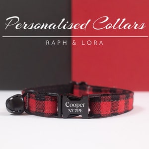 Red Black Check Personalized Cat Collar Leash, Fancy Cat Collar Bow for Cat Gift,Custom Kitten Collar with Name Engraved