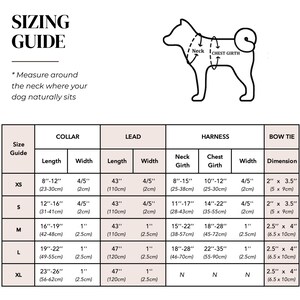 Op de afbeelding: Maattabel voor hondenhalsbanden, leibanden, harnassen en strikken. De tabel toont de afmetingen in inches en centimeters voor verschillende maten: XS, S, M, L en XL. De tabel bevat hals- en borstomvangmetingen voor harnassen.