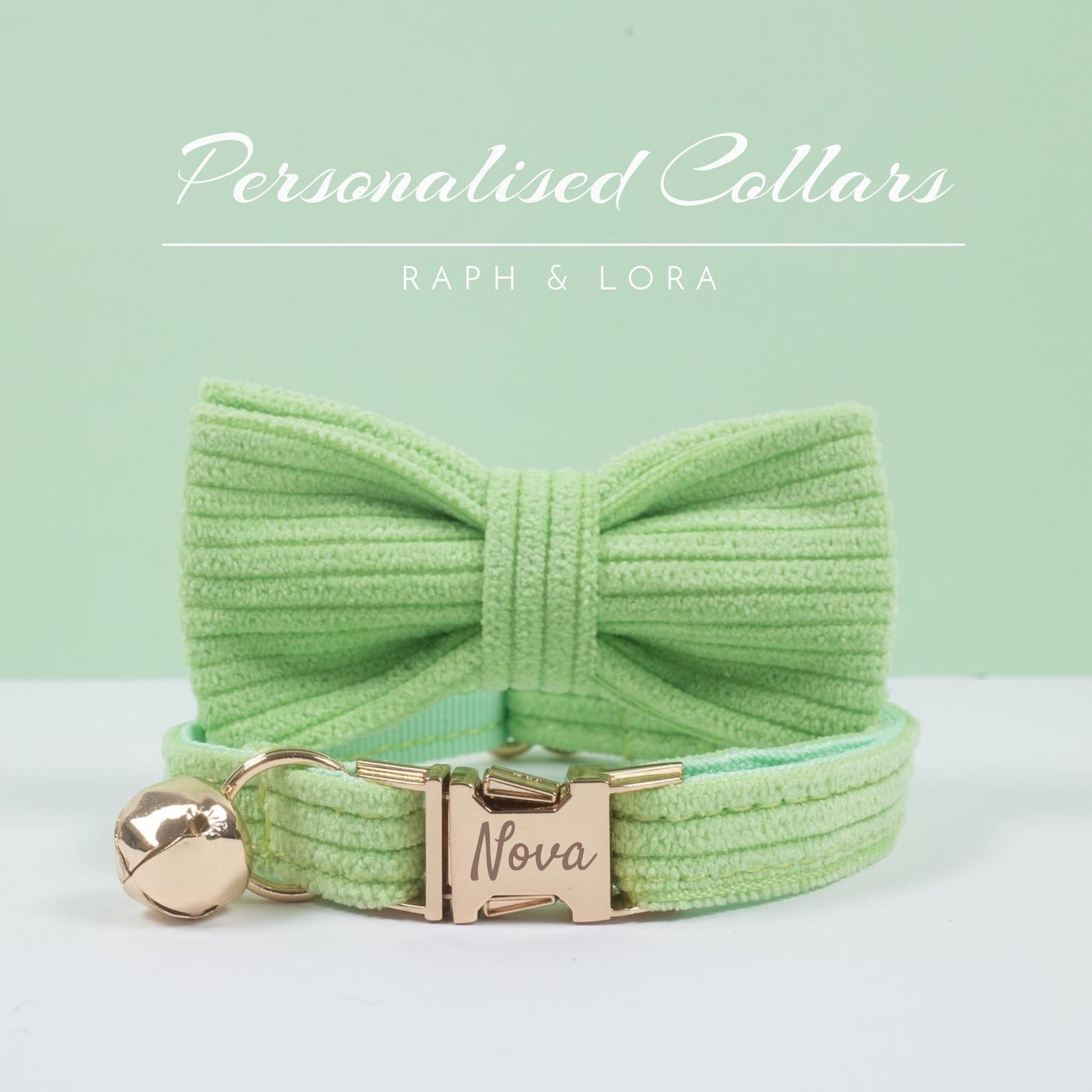 Green Custom Cat Collar With Bow&bell Personalised Kitten Etsy